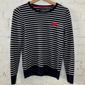 100% Merino Wool Nautical Sweater Sz M Preppy Navy Blue Striped Coastal Pullover